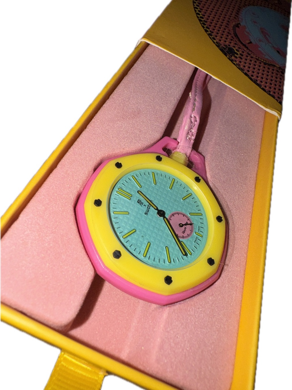 Ap x swatch Pink and Yellow Silicone Watch Bag Charm custom wrist mod
